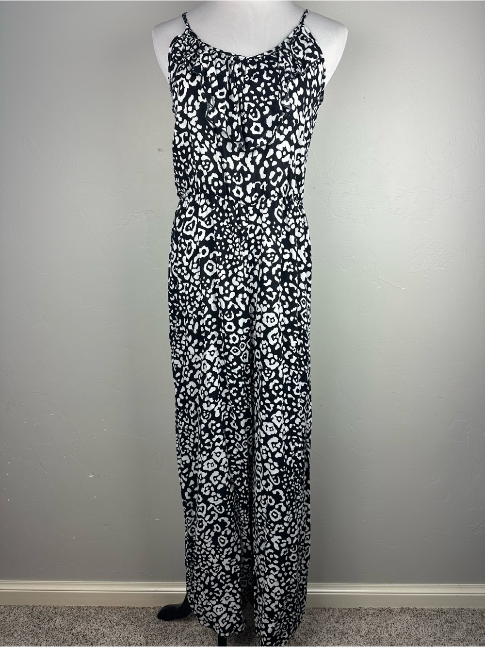 I.N. San Francisco Womens L Black White Animal Print Wide Leg Jumpsuit USA